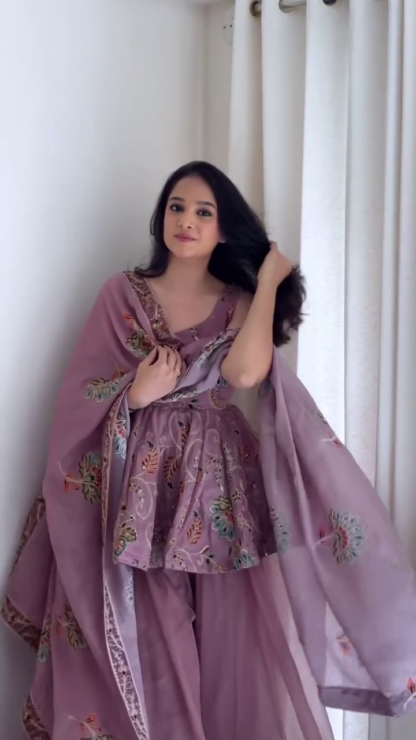 Mauve Embroidered Sharara Suit Set with Floral Dupatta