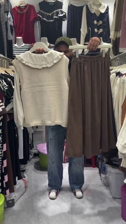 Knit Collar Top and Flowing Midi Skirt Winter Co-ord