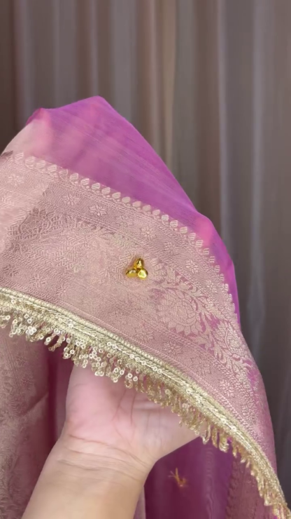 Pink Woven Saree with Golden Zari-Style Border