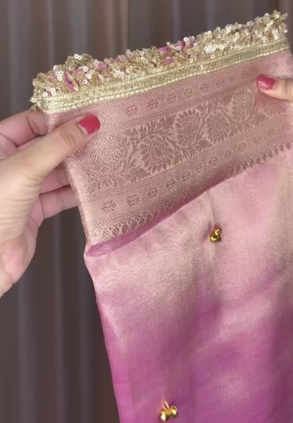 Pink Woven Saree with Golden Zari-Style Border