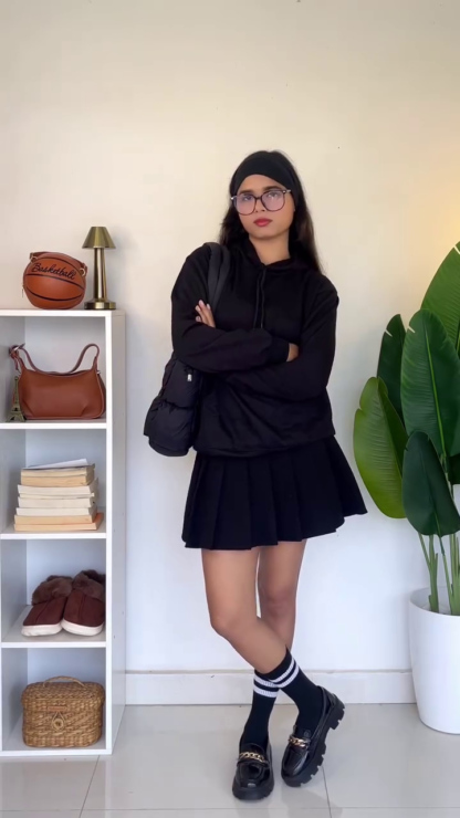 Oversized Hoodie Outfit Set with Pleated Skirt Styling
