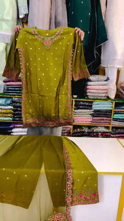 Olive Green Embroidered Salwar Suit Set with Dupatta
