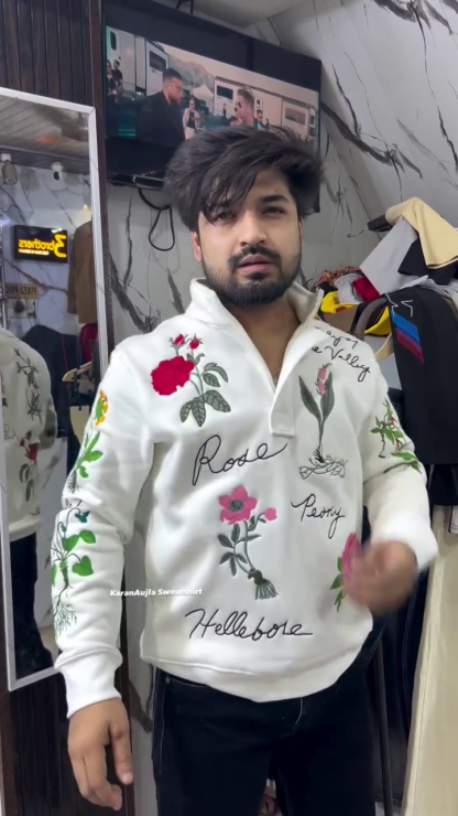 Floral Embroidered Fleece Sweatshirt with Half Zip, Unisex