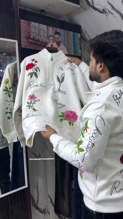 Floral Embroidered Fleece Sweatshirt with Half Zip, Unisex