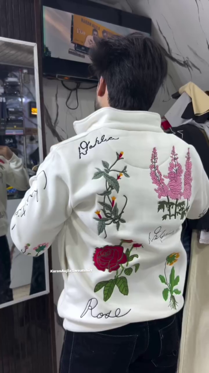 Floral Embroidered Fleece Sweatshirt with Half Zip, Unisex