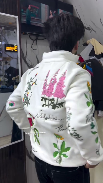 Floral Embroidered Fleece Sweatshirt with Half Zip, Unisex