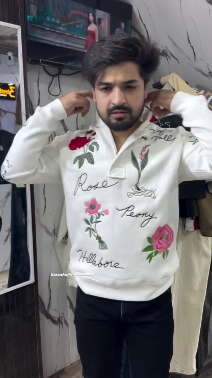 Floral Embroidered Fleece Sweatshirt with Half Zip, Unisex