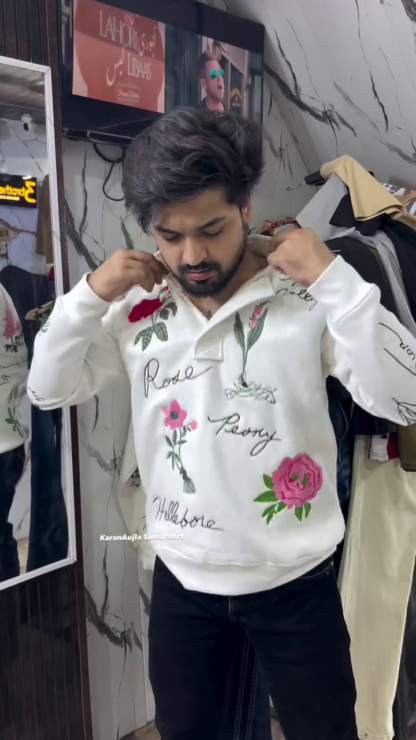 Floral Embroidered Fleece Sweatshirt with Half Zip, Unisex