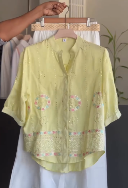 Pastel Yellow Embroidered Shirt with White Pants, Men's Set