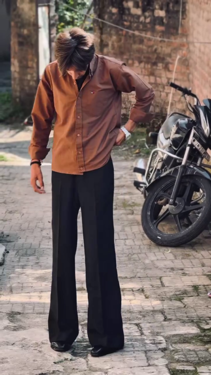 Men's Brown Shirt and Black Wide-Leg Trousers Set