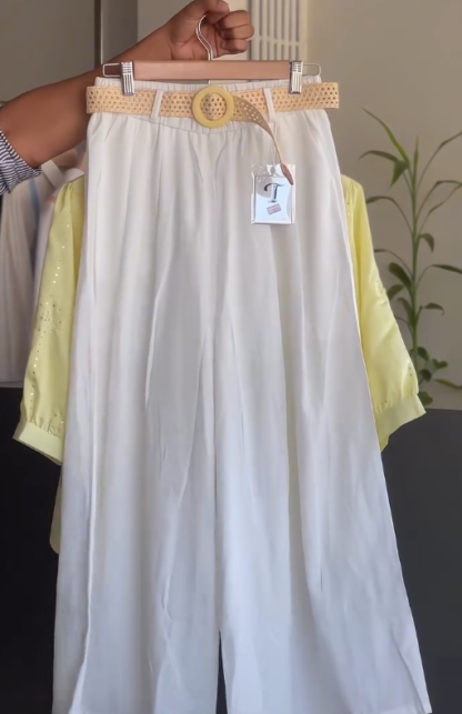 Pastel Yellow Embroidered Shirt with White Pants, Men's Set