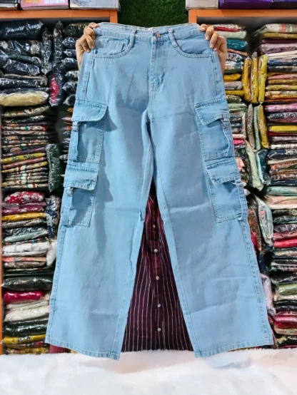 Wide-Leg Denim Cargo Jeans, Assorted Colours