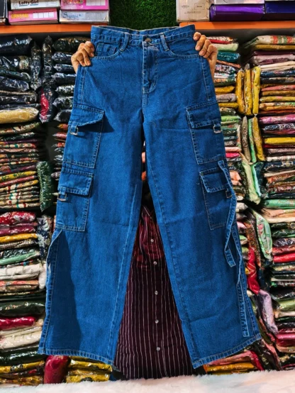 Wide-Leg Denim Cargo Jeans, Assorted Colours