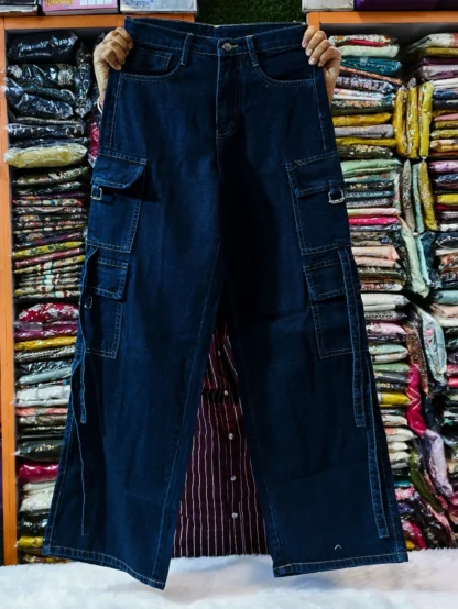 Wide-Leg Denim Cargo Jeans, Assorted Colours