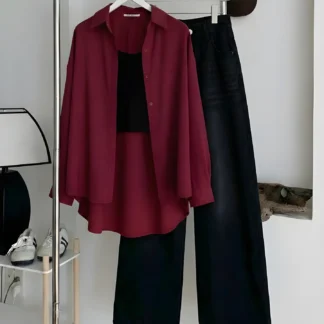 Maroon Button Shirt with Inner Top and Black Wide-Leg Jeans