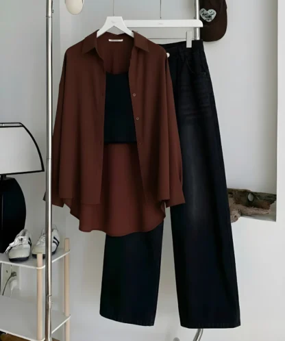 Button Shirt with Inner Top and Wide-Leg Jeans, Assorted Colours