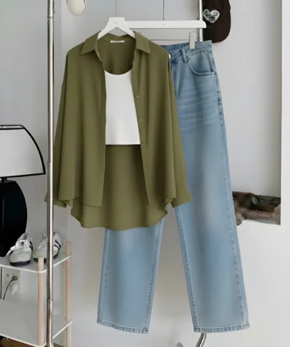 Button Shirt with Inner Top and Wide-Leg Jeans, Assorted Colours