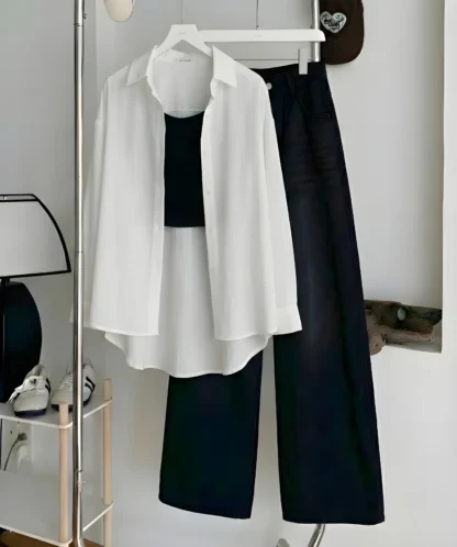 Button Shirt with Inner Top and Wide-Leg Jeans, Assorted Colours