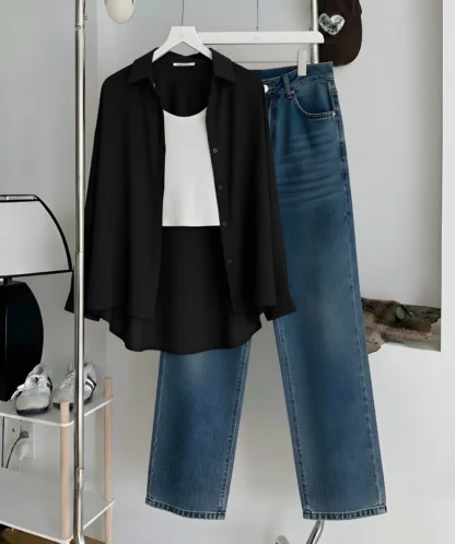 Button Shirt with Inner Top and Wide-Leg Jeans, Assorted Colours