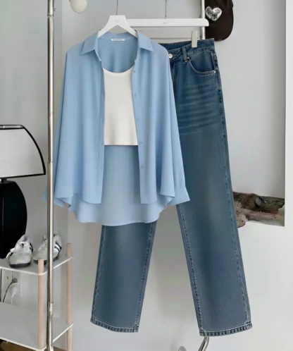 Button Shirt with Inner Top and Wide-Leg Jeans, Assorted Colours