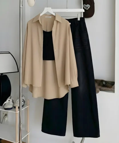 Button Shirt with Inner Top and Wide-Leg Jeans, Assorted Colours