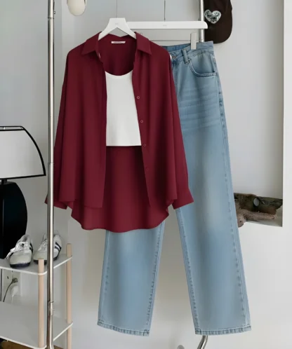 Button Shirt with Inner Top and Wide-Leg Jeans, Assorted Colours