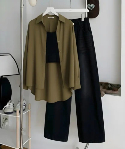 Button Shirt with Inner Top and Wide-Leg Jeans, Assorted Colours