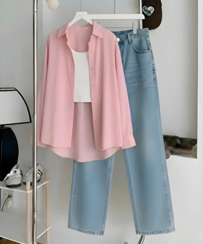 Button Shirt with Inner Top and Wide-Leg Jeans, Assorted Colours
