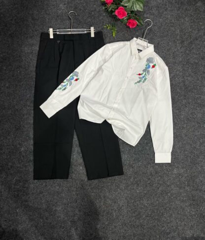 White Floral Embroidered Shirt with Black Trousers Set