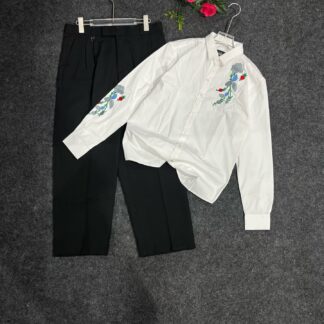 White Floral Embroidered Shirt with Black Trousers Set