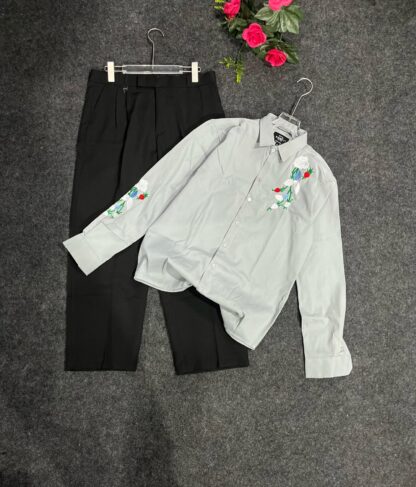 White Floral Embroidered Shirt with Black Trousers Set