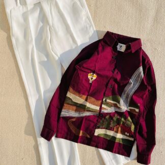 Maroon Scenic Print Shirt with White Trousers Set