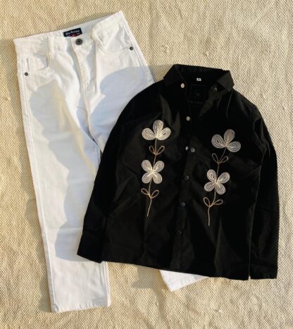 Embroidered Shirt with Denim Jeans, Assorted Colours