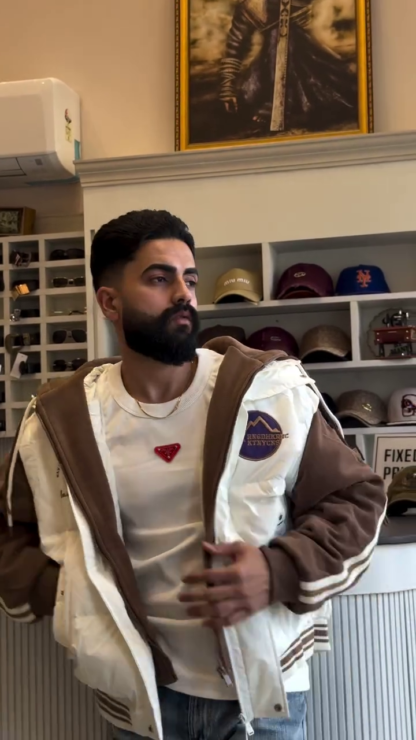 Men's Varsity Bomber Jacket, Brown Sleeves and White Body