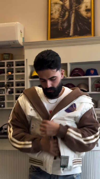 Men's Varsity Bomber Jacket, Brown Sleeves and White Body