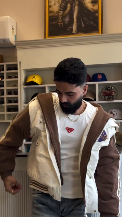 Men's Varsity Bomber Jacket, Brown Sleeves and White Body