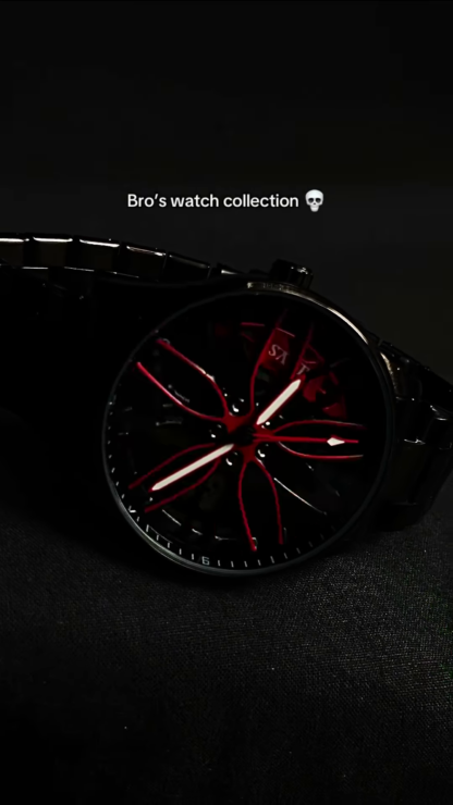 Black Racing-Style Watch with Red Spoke Hands