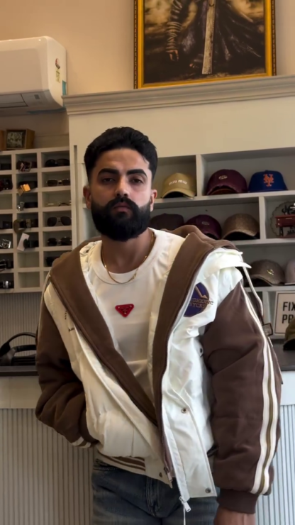Men's Varsity Bomber Jacket, Brown Sleeves and White Body