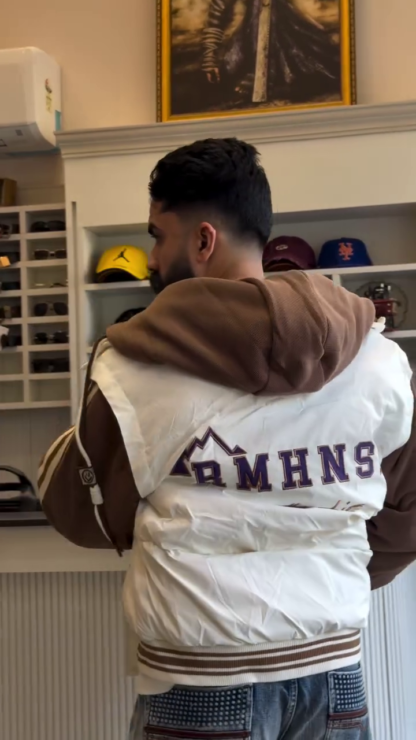 Men's Varsity Bomber Jacket, Brown Sleeves and White Body