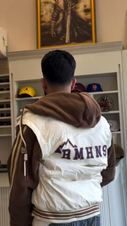 Men's Varsity Bomber Jacket, Brown Sleeves and White Body