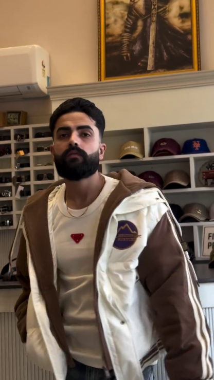 Men's Varsity Bomber Jacket, Brown Sleeves and White Body