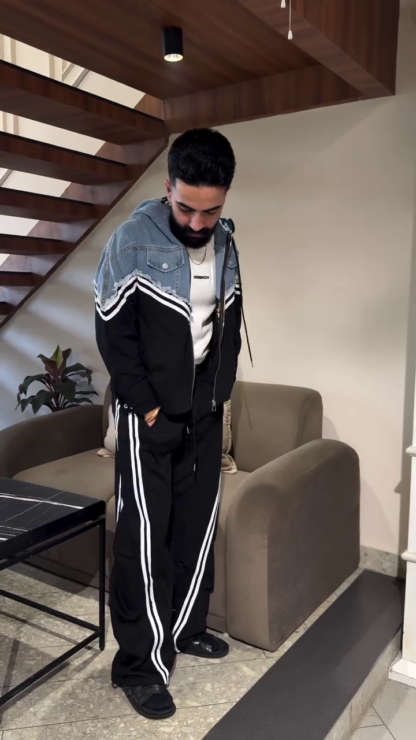 Denim-Yoke Unisex Co-ord Set, Hooded Jacket and Wide-Leg Pants