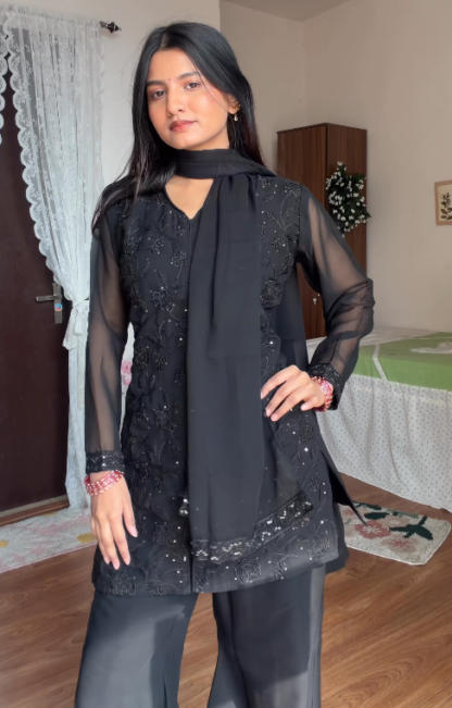 Embroidered Kurta and Palazzo Set with Net Dupatta