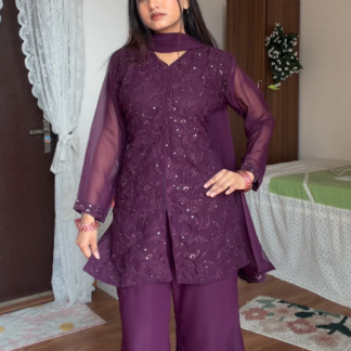 Embroidered Kurta and Palazzo Set with Net Dupatta