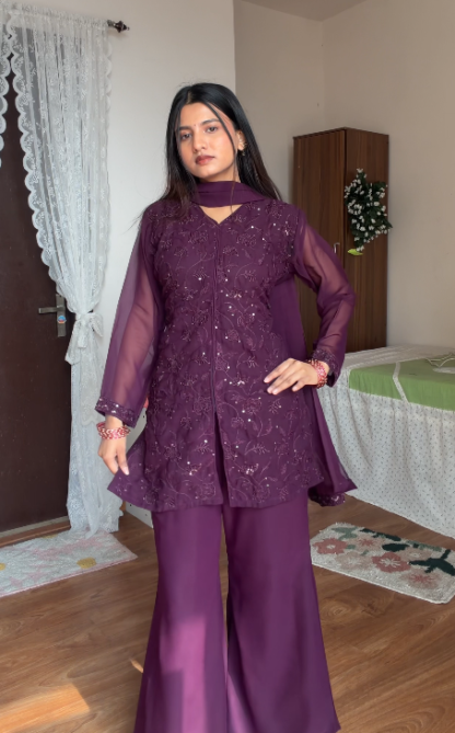 Embroidered Kurta and Palazzo Set with Net Dupatta