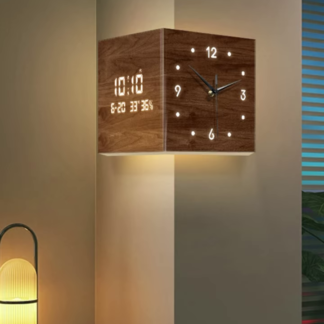 Corner-Mount Cube Clock with LED Time, Date and Temperature