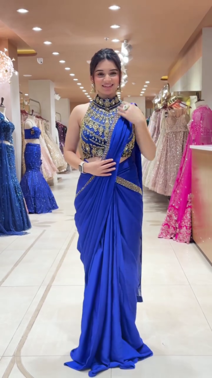 Royal Blue Saree Gown with Gold Embellishments