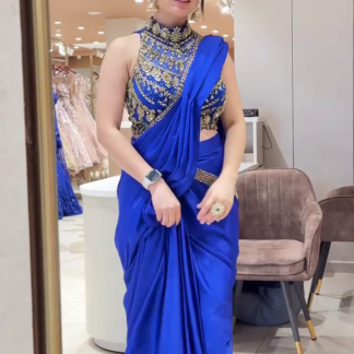 Royal Blue Saree Gown with Gold Embellishments