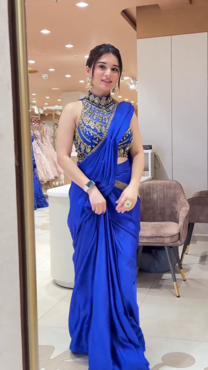 Royal Blue Saree Gown with Gold Embellishments