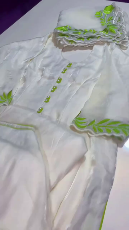 White and Lime Green Suit Set with Pearl Buttons